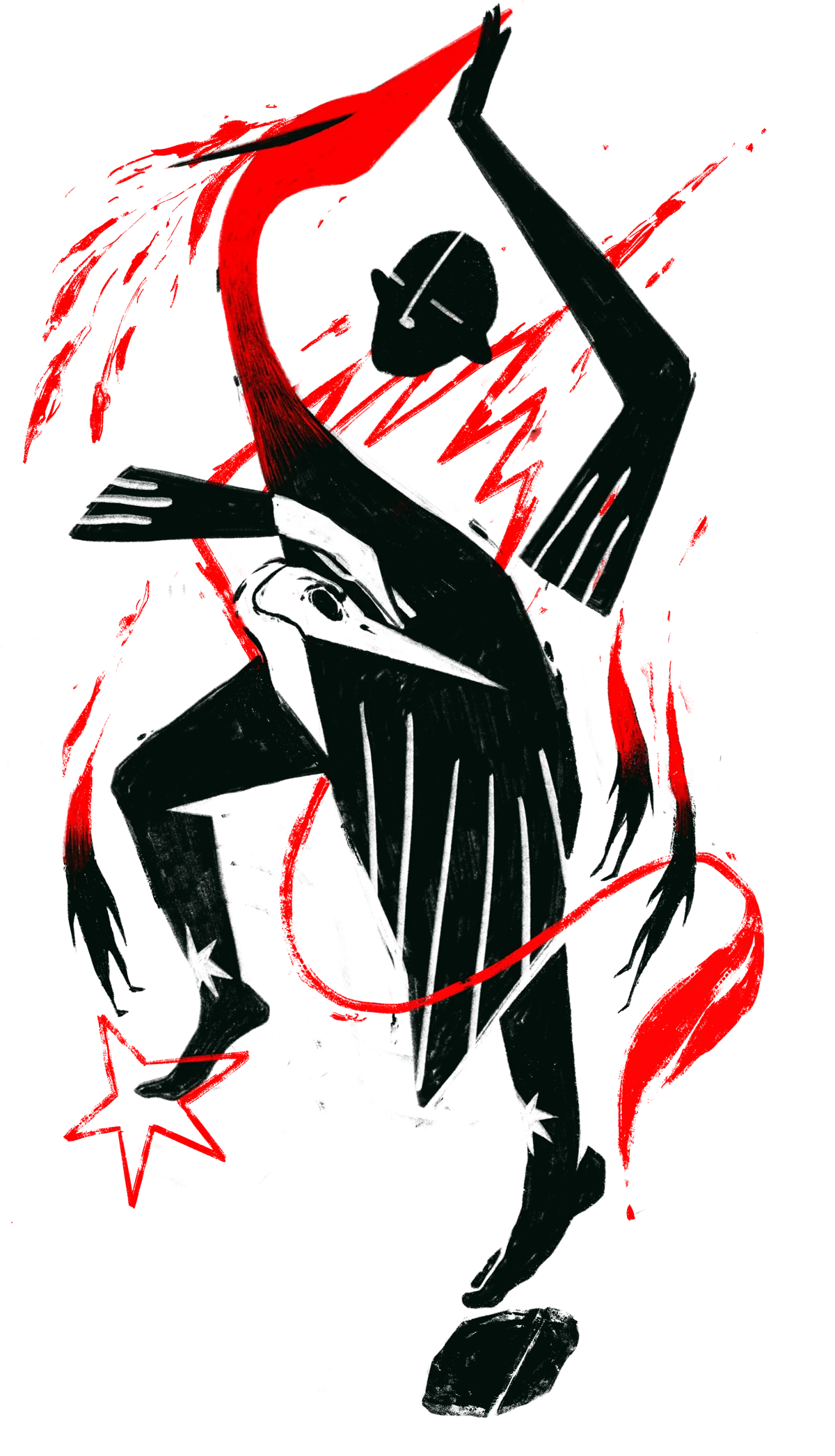 Original hand-printed dancing figure with a bird mask and a red ribbon